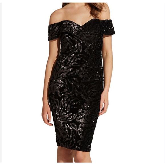 Bardot Sequin Velvet Off the Shoulder Dress Women's 12/XL Black Cocktail Party - Picture 1 of 8